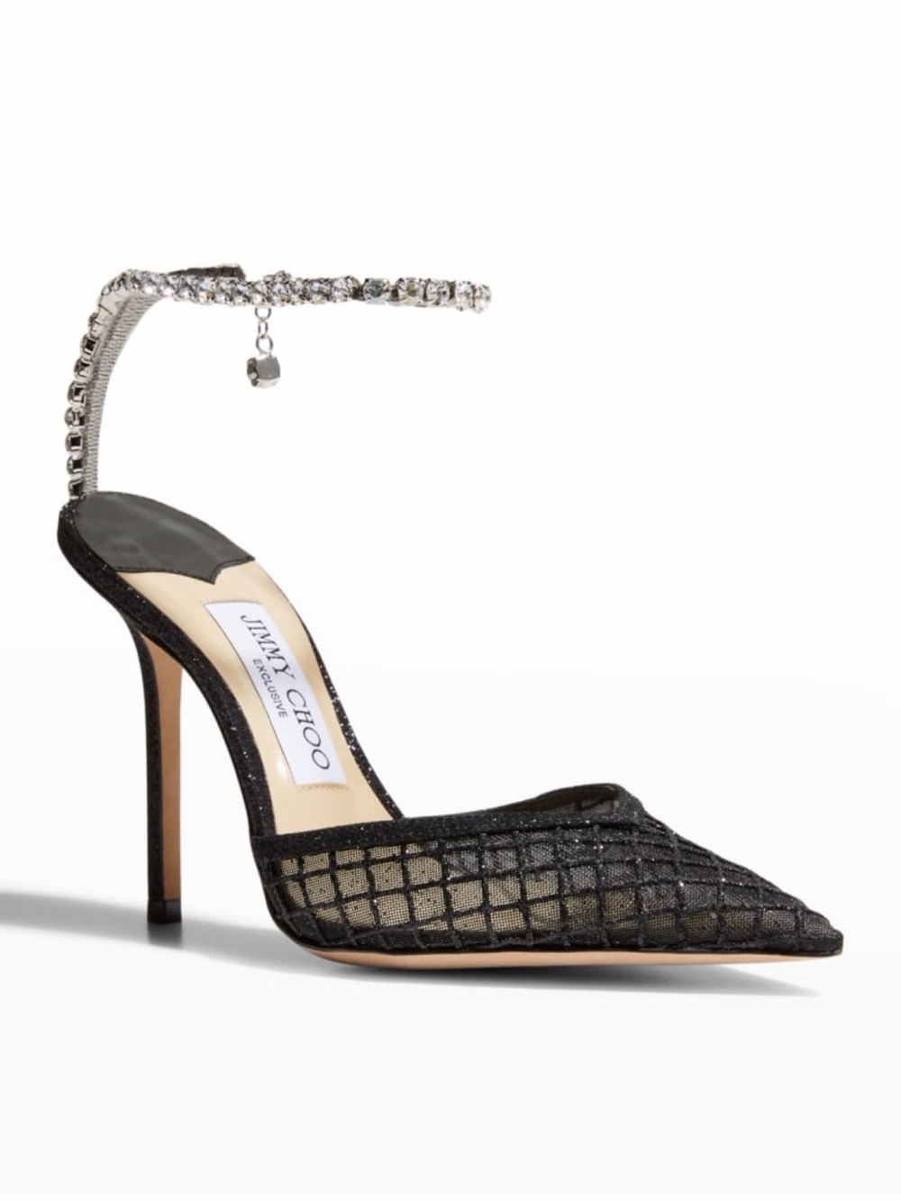 Jimmy Choo Black Crystal-Ankle Mesh Pointed Stiletto Glitter Sz 38